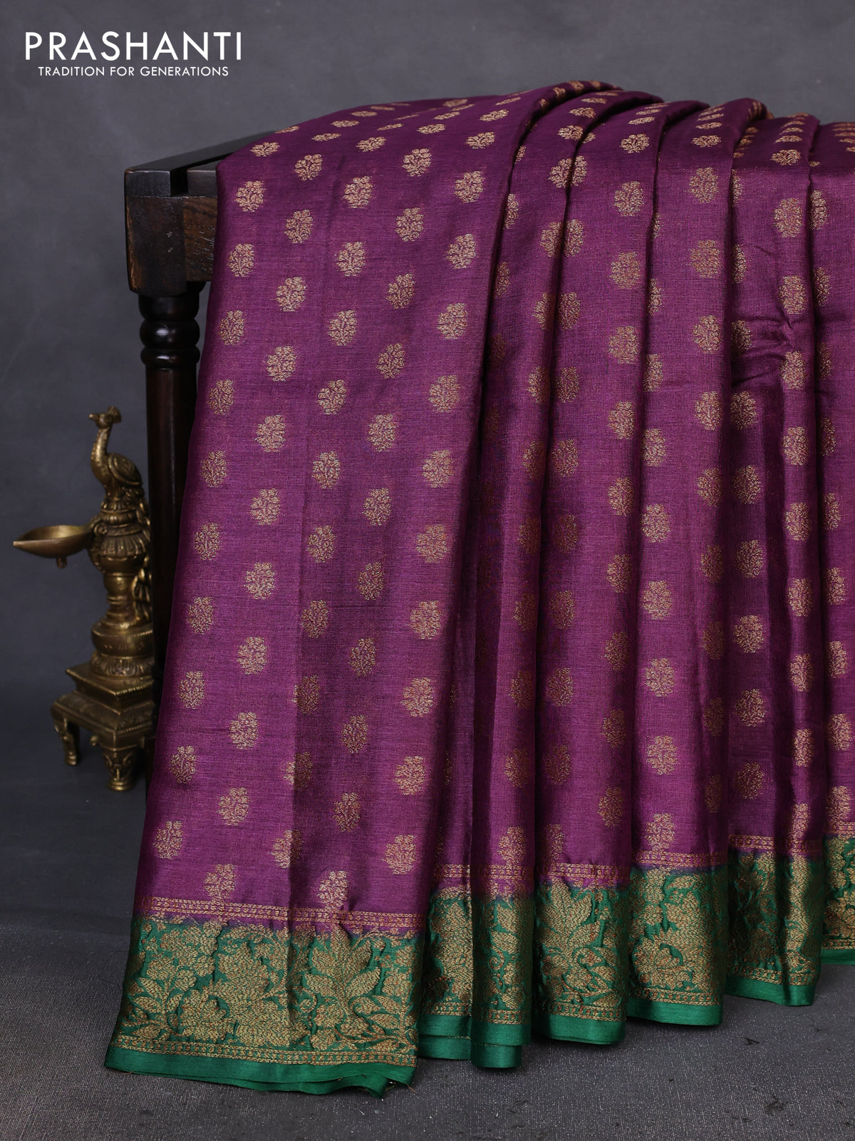 Banarasi tussar silk saree wine shade and green with allover thread & zari woven buttas and woven border