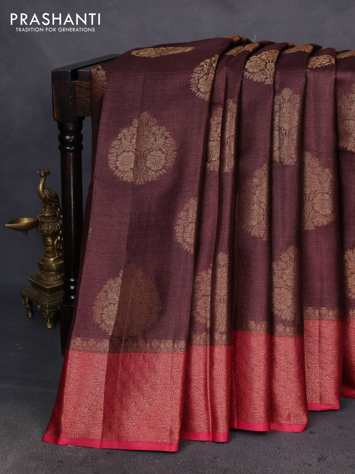 Banarasi tussar silk saree brown and maroon with thread & zari woven buttas and woven border