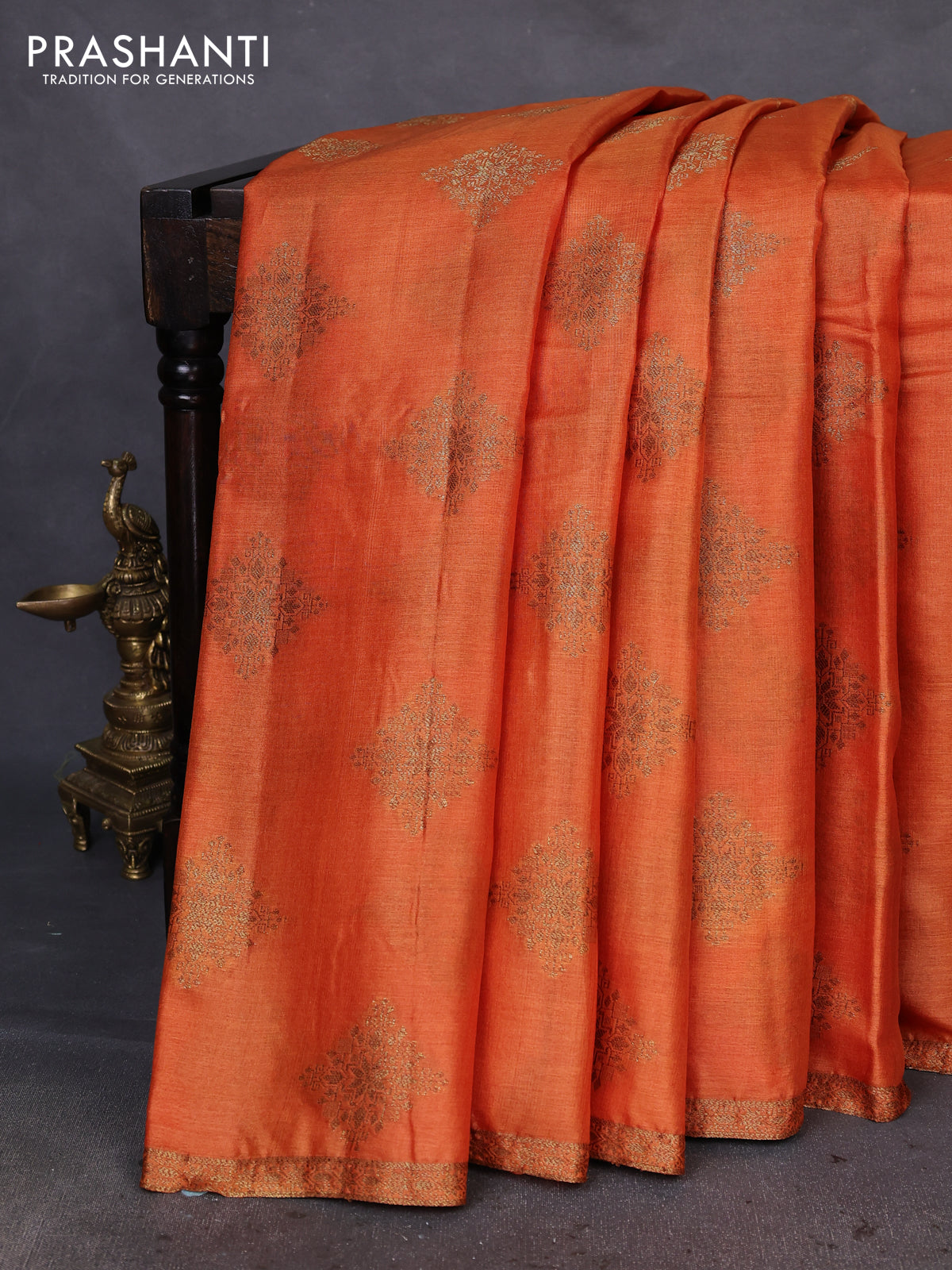 Banarasi tussar silk saree rustic orange and purple with thread & zari woven buttas and woven border