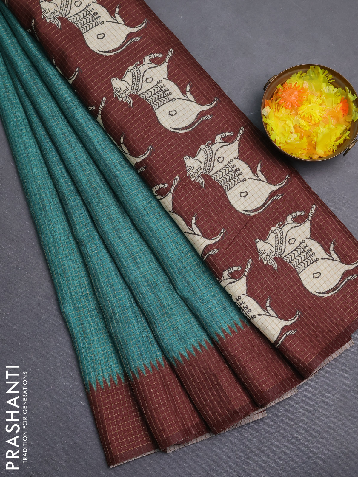 Chappa saree teal green and deep maroon with allover zari checked pattern and printed pallu