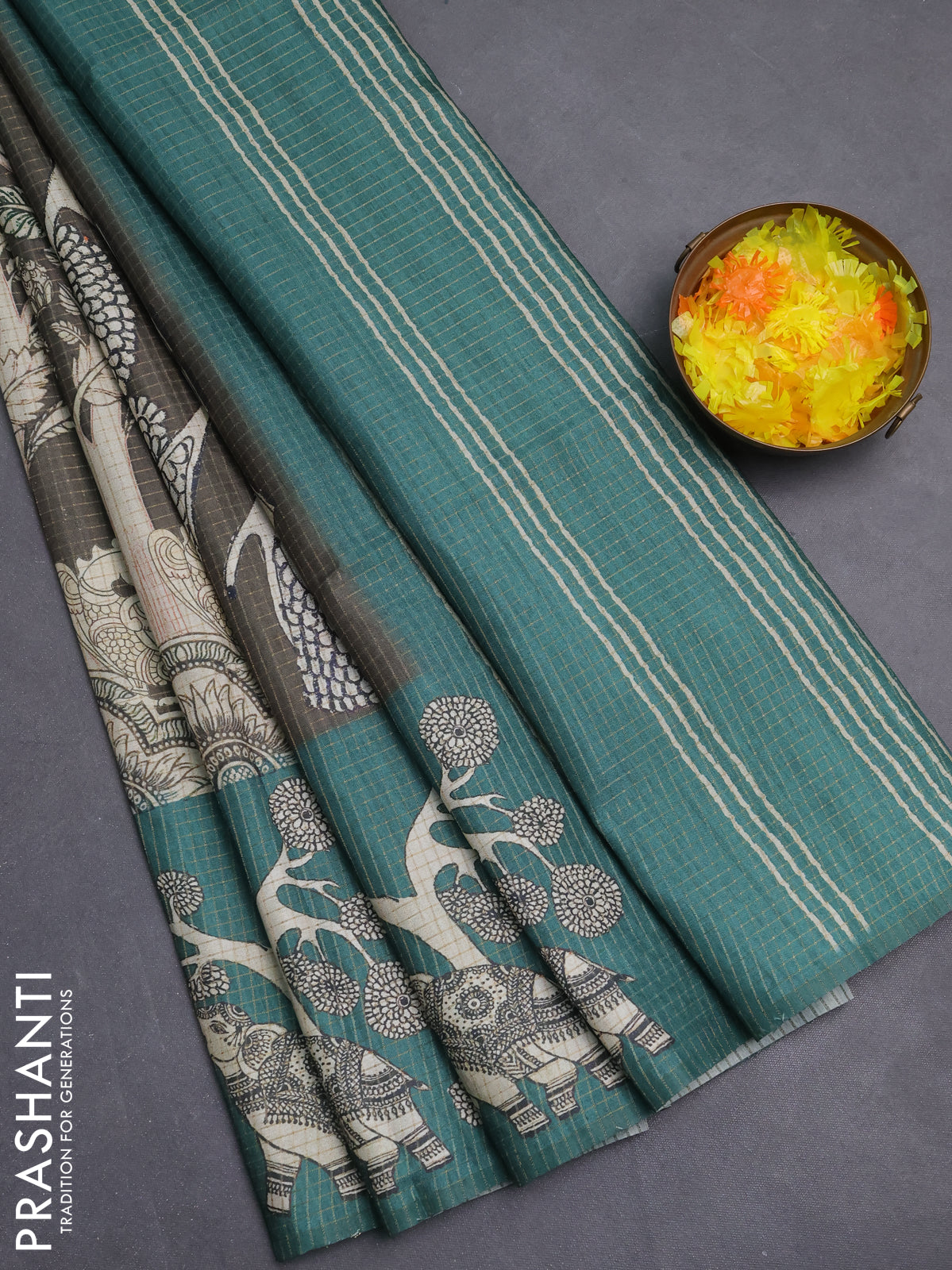 Chappa saree dark military green and green with allover zari checked pattern and printed pallu