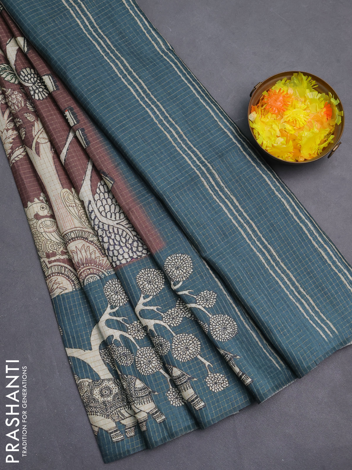 Chappa saree brown and peacock green with allover zari checked pattern and printed pallu