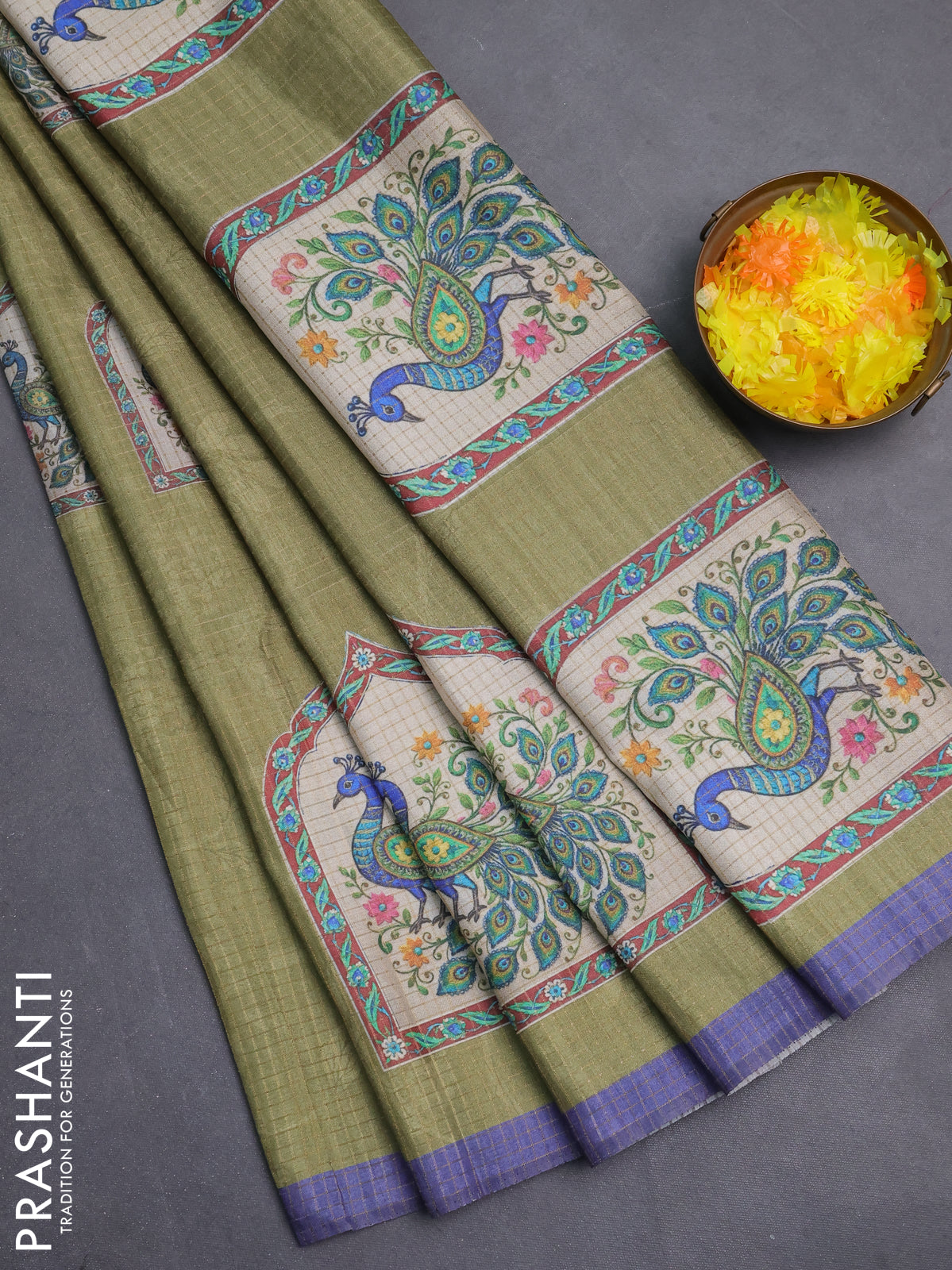 Chappa saree mehendi green and lavender with allover zari checked pattern & digital prints and printed pallu
