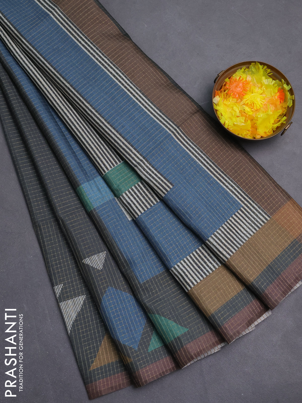 Chappa saree grey and pastel brown with allover zari checked pattern and long geometric printed border