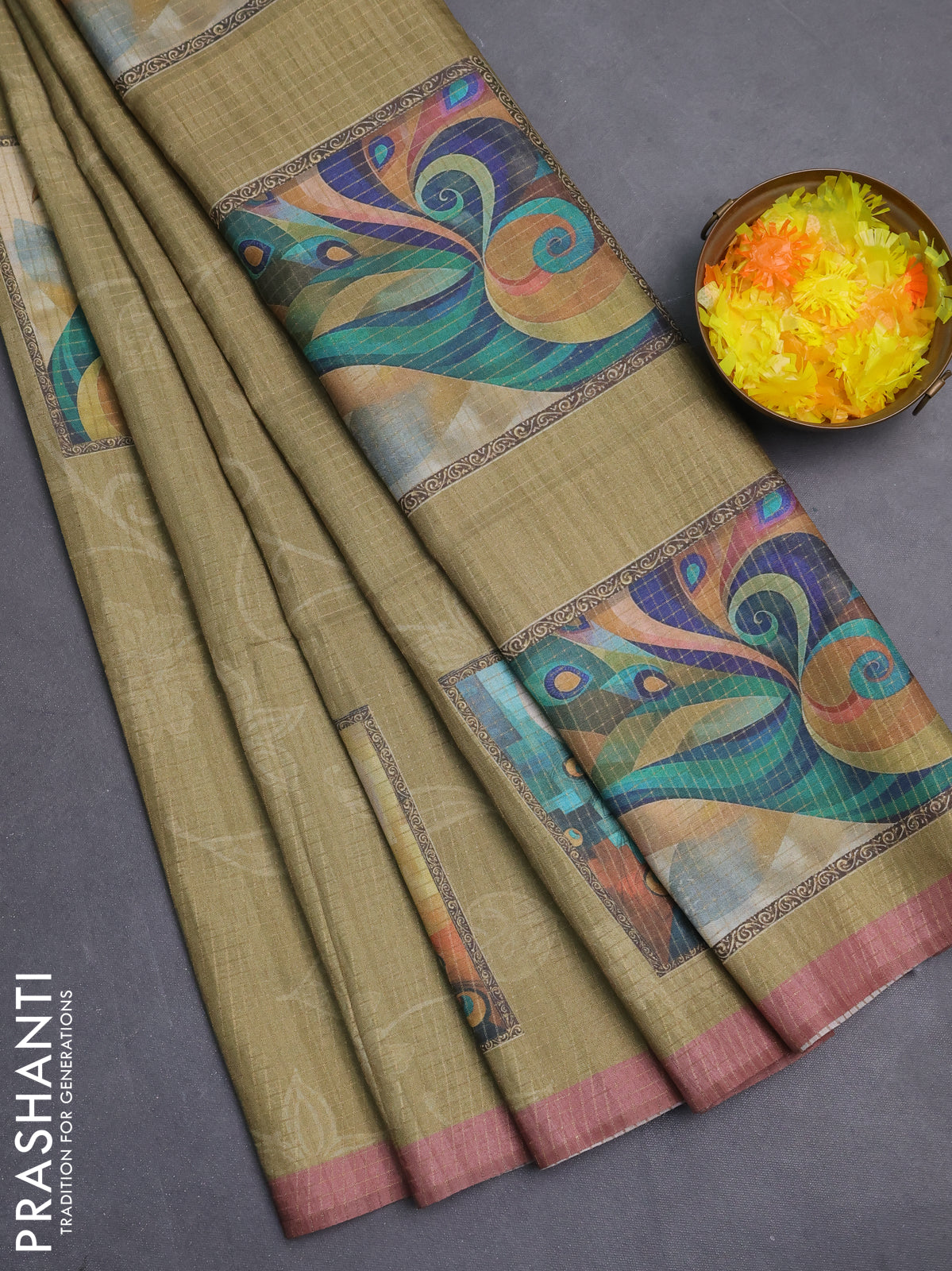 Chappa saree mehendi green and pastel brown with allover zari checked pattern & digital prints and printed pallu