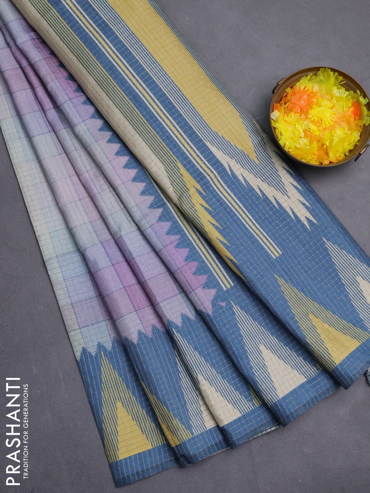 Chappa saree mild lavender and blue shade with allover zari checked pattern and temple design border