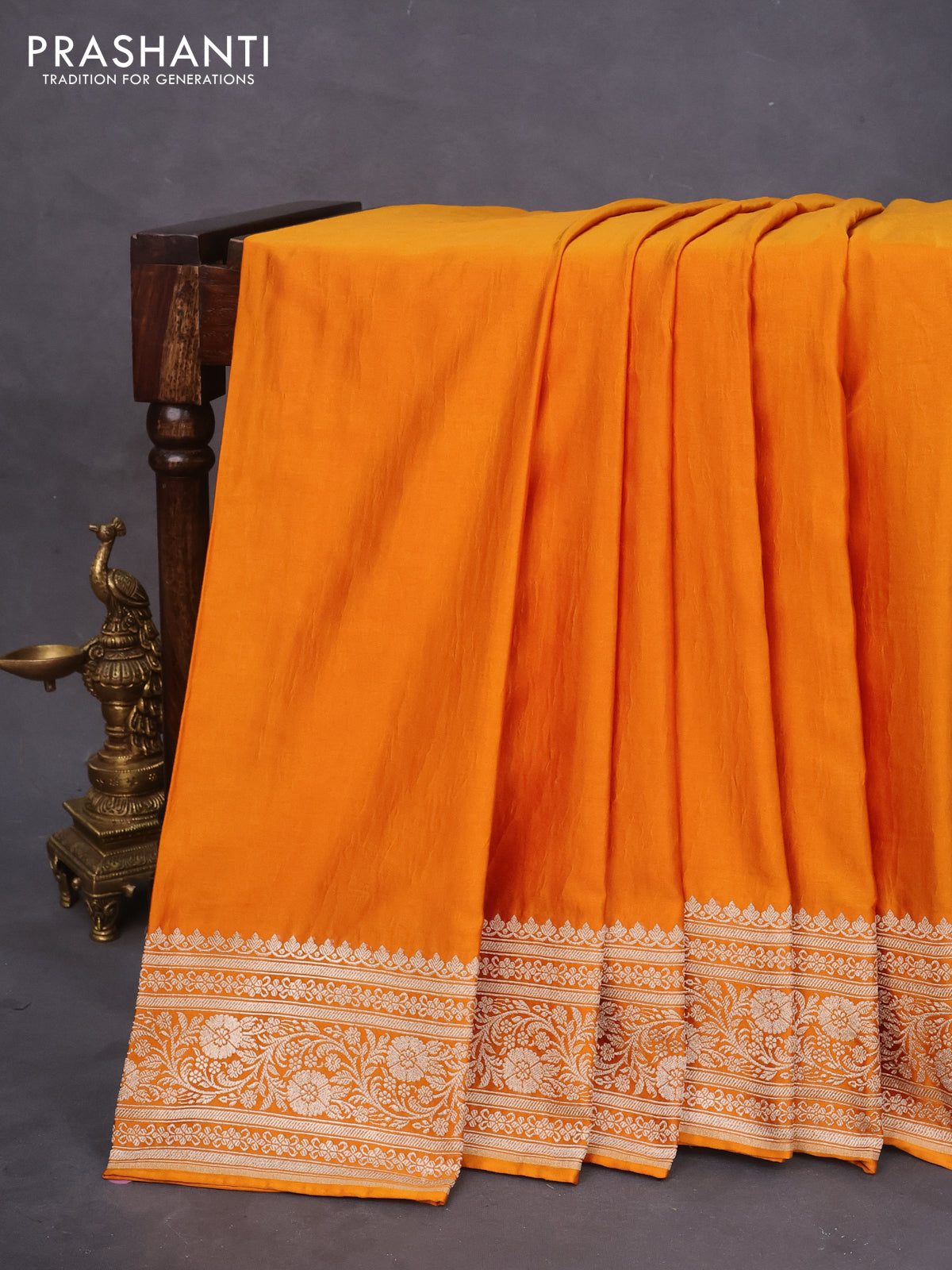 Banarasi crush crepe saree mustard yellow with plain body and zari woven border