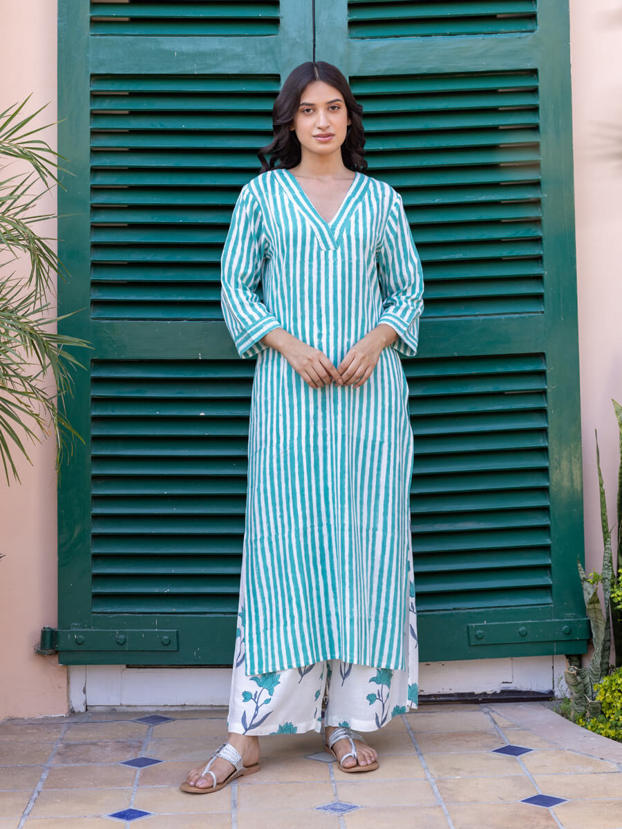 Turquoise Stripes Hand Block Printed Long Kurta