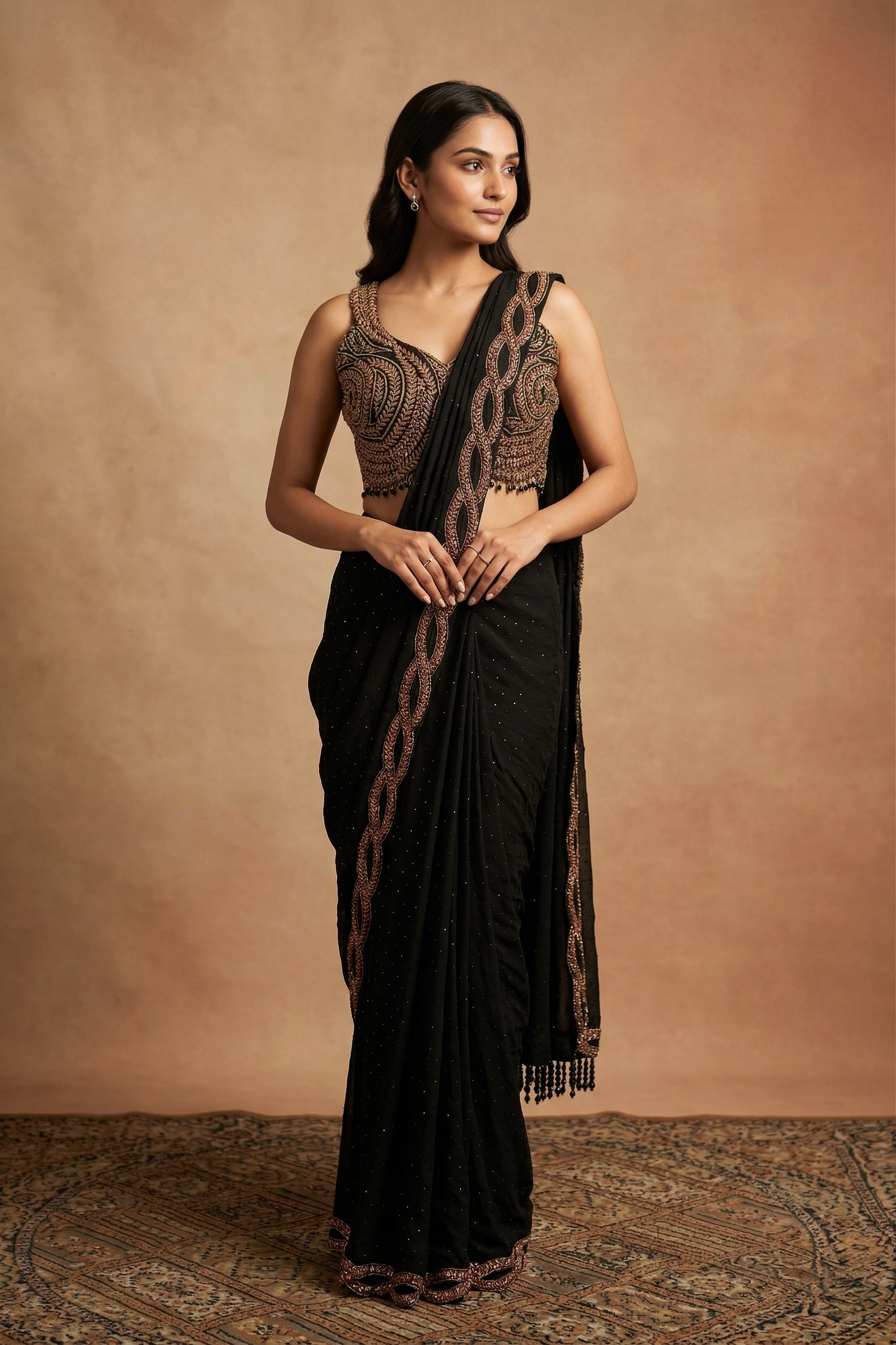 Black Georgette Embroidered Draped Saree