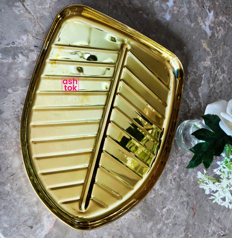 Gift item, banana leaf plate, Brass Thali, leaf designed multipurpose plate (Dia 9 Inches)