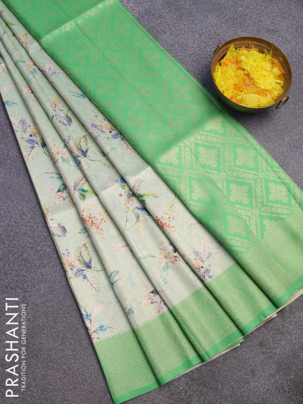 Banarasi softy silk saree teal green and green with allover zari weaves & floral digital prints and zari woven border