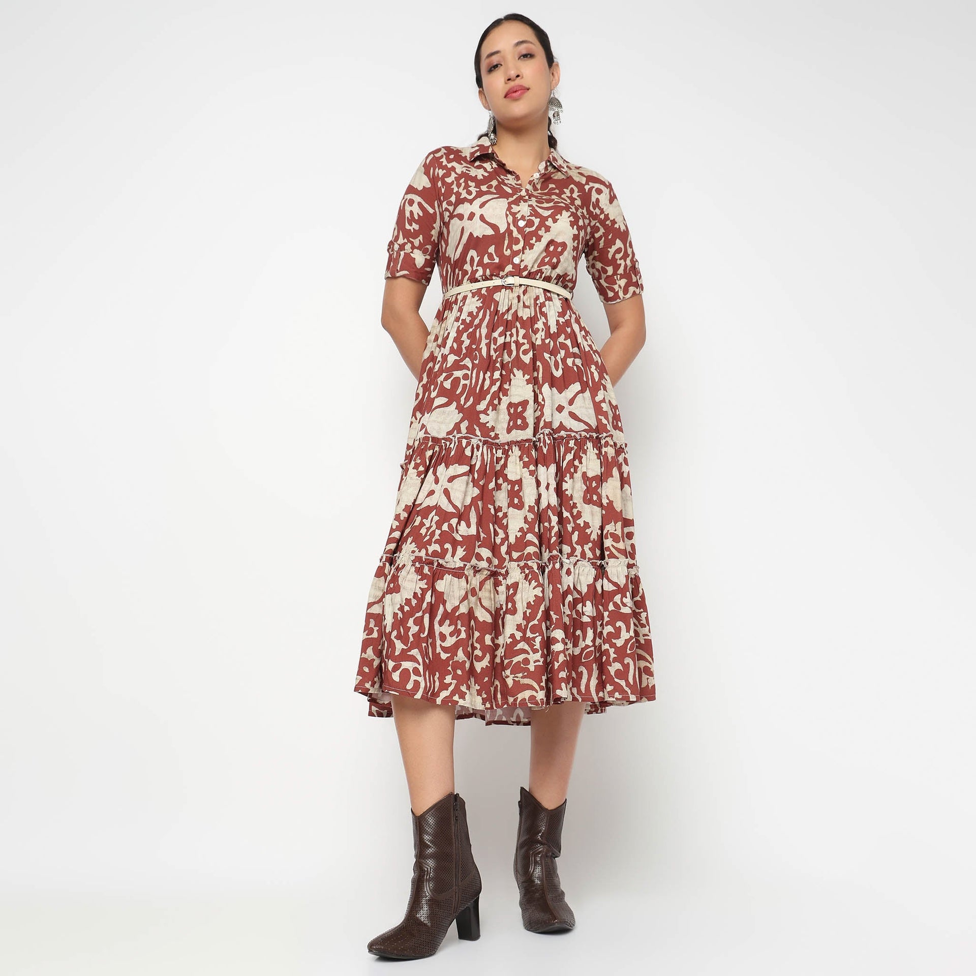 Camp Collar Tiered Floral Dress with Belt