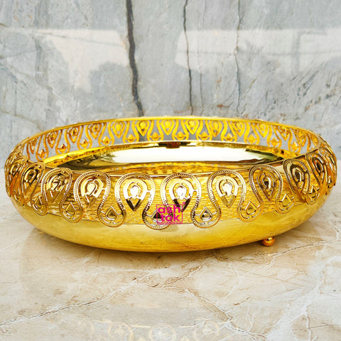 Gold Coated German Silver Round Tray, Serving Tray, Fancy Puja Tray