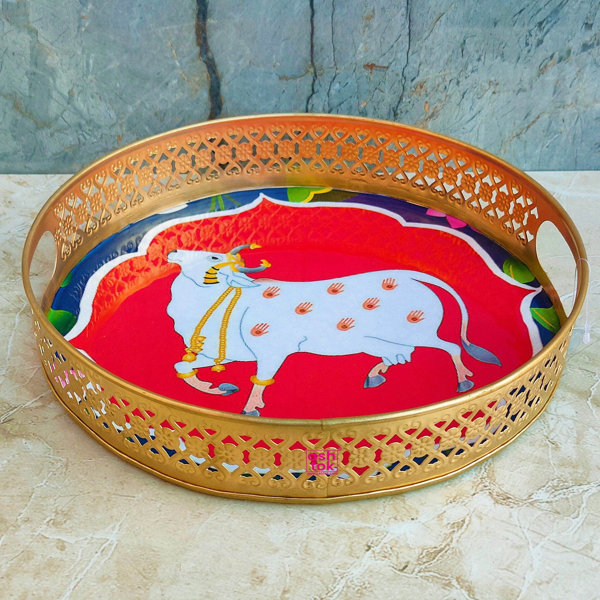 Cow Design Tray Flower Basket, Puja Tray For Temple