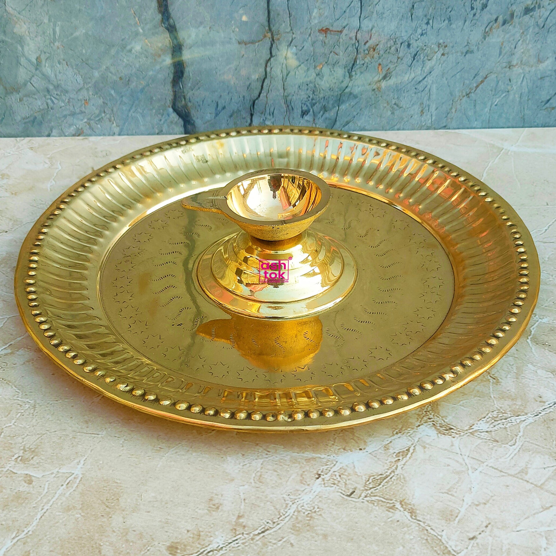 Brass Diya with Attached Plate, Puja Diya for Puja Room