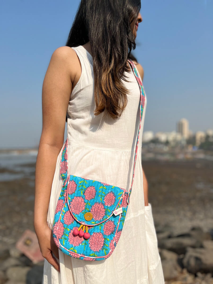 Floral Turquoise Block Printed Sling Bag