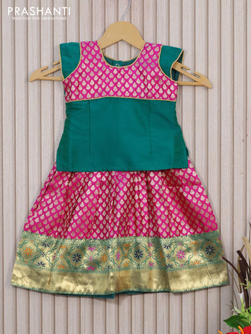 Banarasi kids lehenga teal green and pink with patch work neck pattern and zari woven buttas & zari border for 1 year