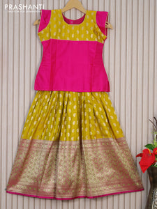 Banarasi kids lehenga pink and yellow with patch work neck pattern and zari woven buttas & long zari border for 7 years