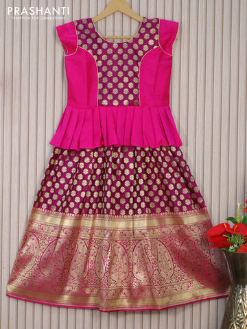 Banarasi kids lehenga pink and purple with patch work neck pattern and zari woven butta weaves & long zari border for 8 years