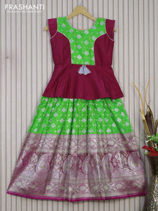 Banarasi kids lehenga dark pink and parrot green with patch work neck pattern and thread weaves silver zari buttas & long silver zari border for 9 years