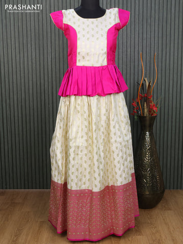 Banarasi kids lehenga pink and cream with patch work neck pattern and zari woven buttas & long zari border for 12 years