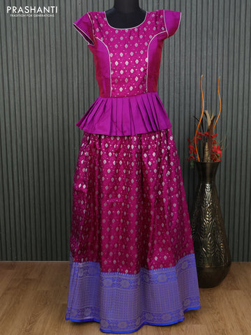 Banarasi kids lehenga purple and blue with patch work neck pattern and silver zari woven buttas & long zari woven border for 13 years