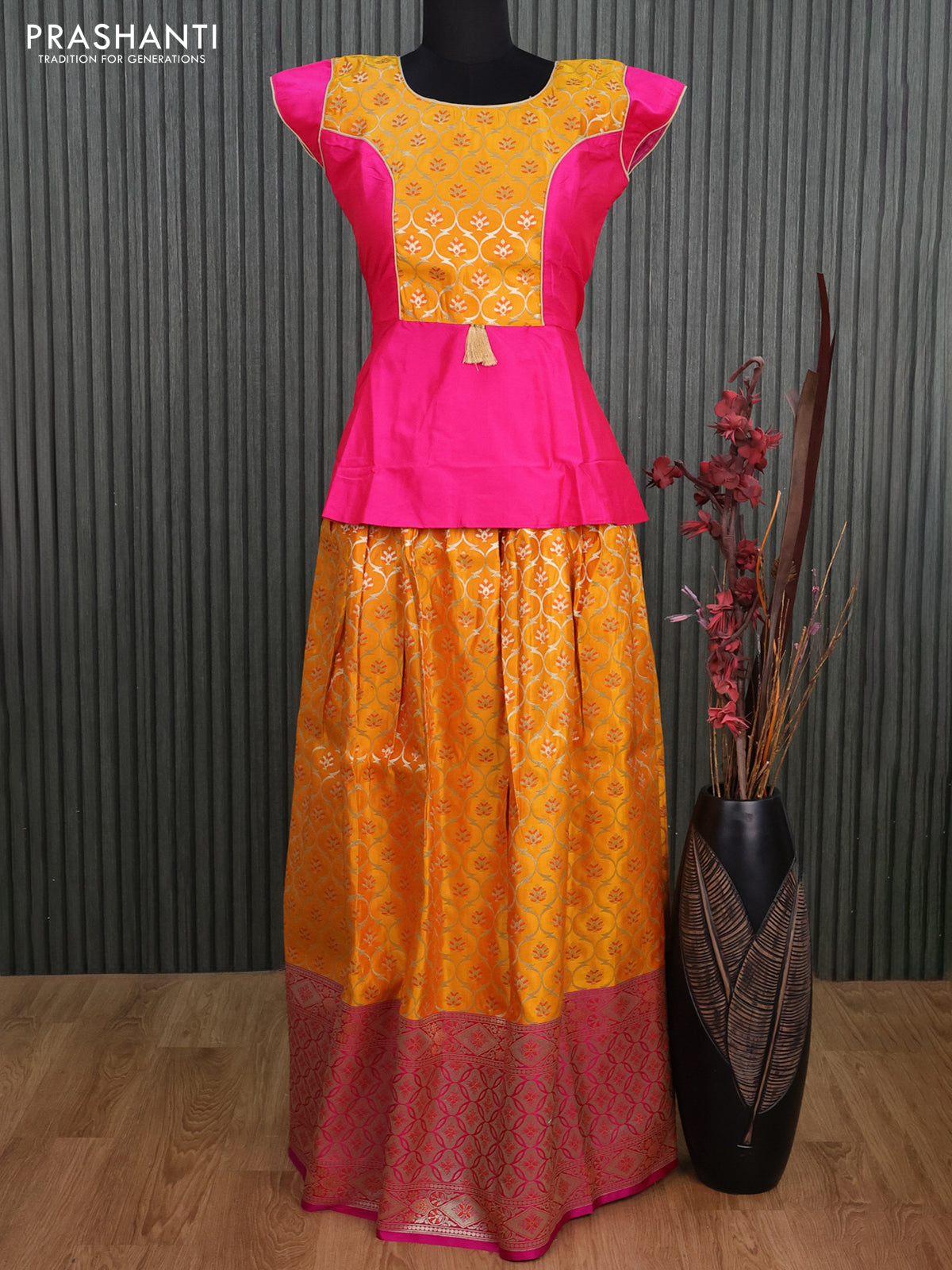 Banarasi kids lehenga pink and mango yellow with patch work neck pattern and zari weaves & long zari border for 15 years