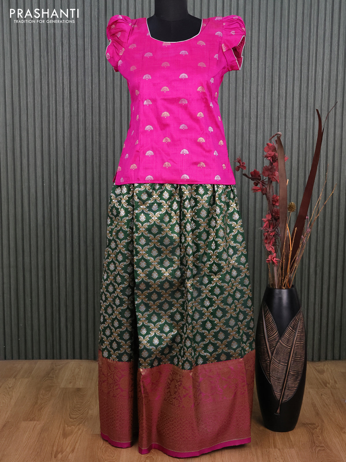 Banarasi kids lehenga pink and dark green with silver & gold buttas and zari weaves & long zari border for 15 years