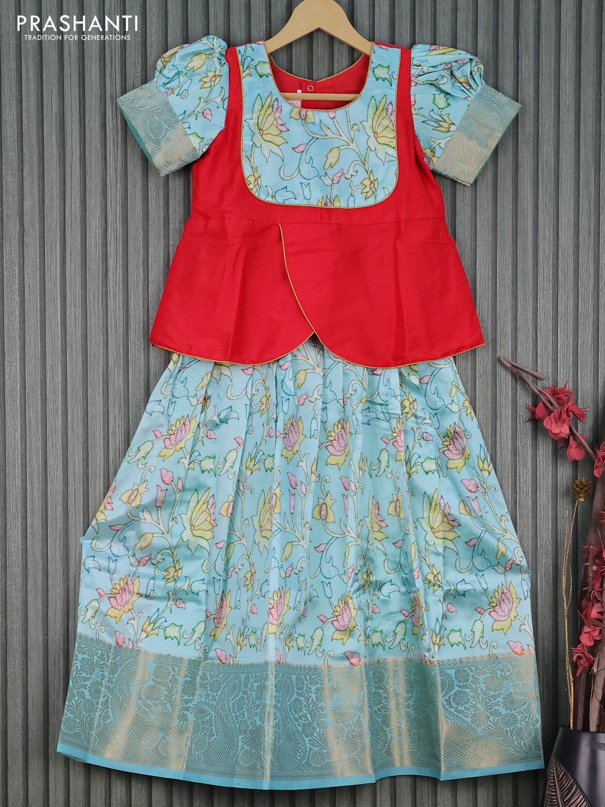 Banarasi kids lehenga red and teal blue with patch work neck pattern and kalamkari prints & long banarasi style border for 8 years