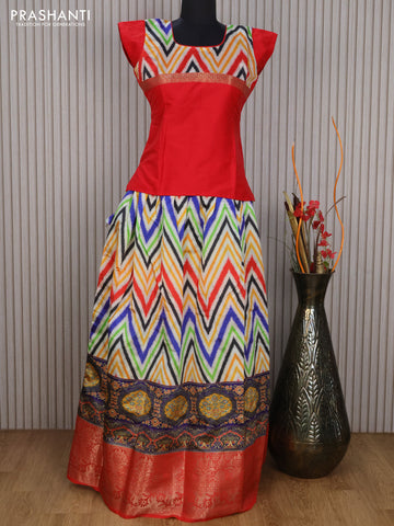 Banarasi kids lehenga red and multi colour with patch work neck pattern and zig zag prints & long zari border for 14 years