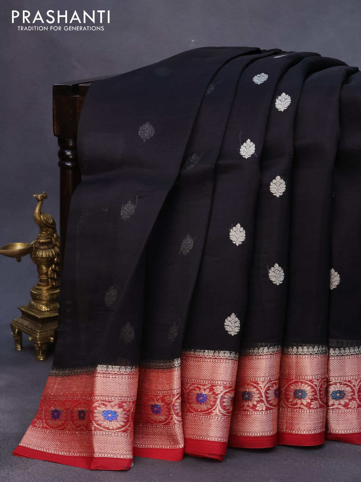 Banarasi organza silk saree black and maroon with thread & zari woven buttas and woven border