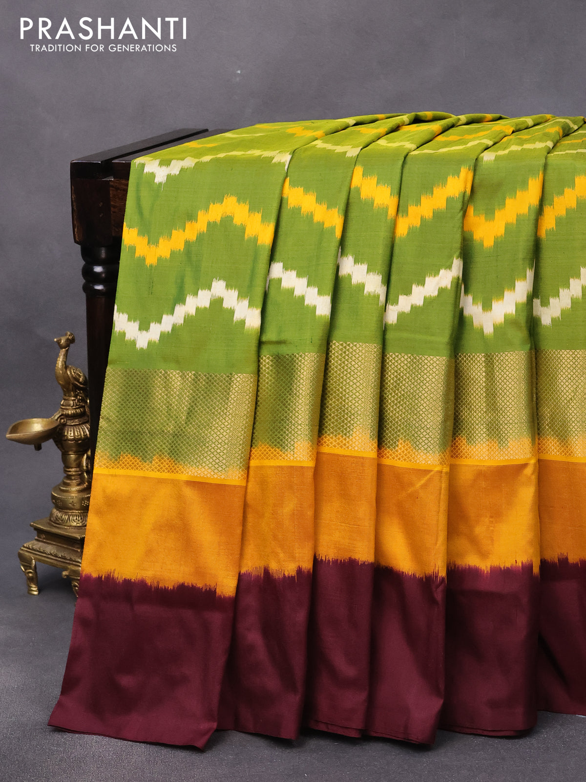 Pochampally silk saree green and dark mustard deep maroon with allover ikat weaves and zari woven simple border