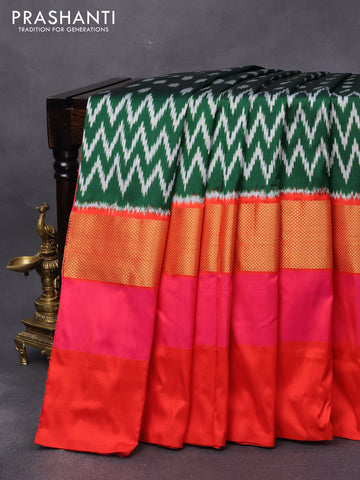 Pochampally silk saree green and dual shade of pinkish orange with allover ikat butta weaves and zari woven simple border