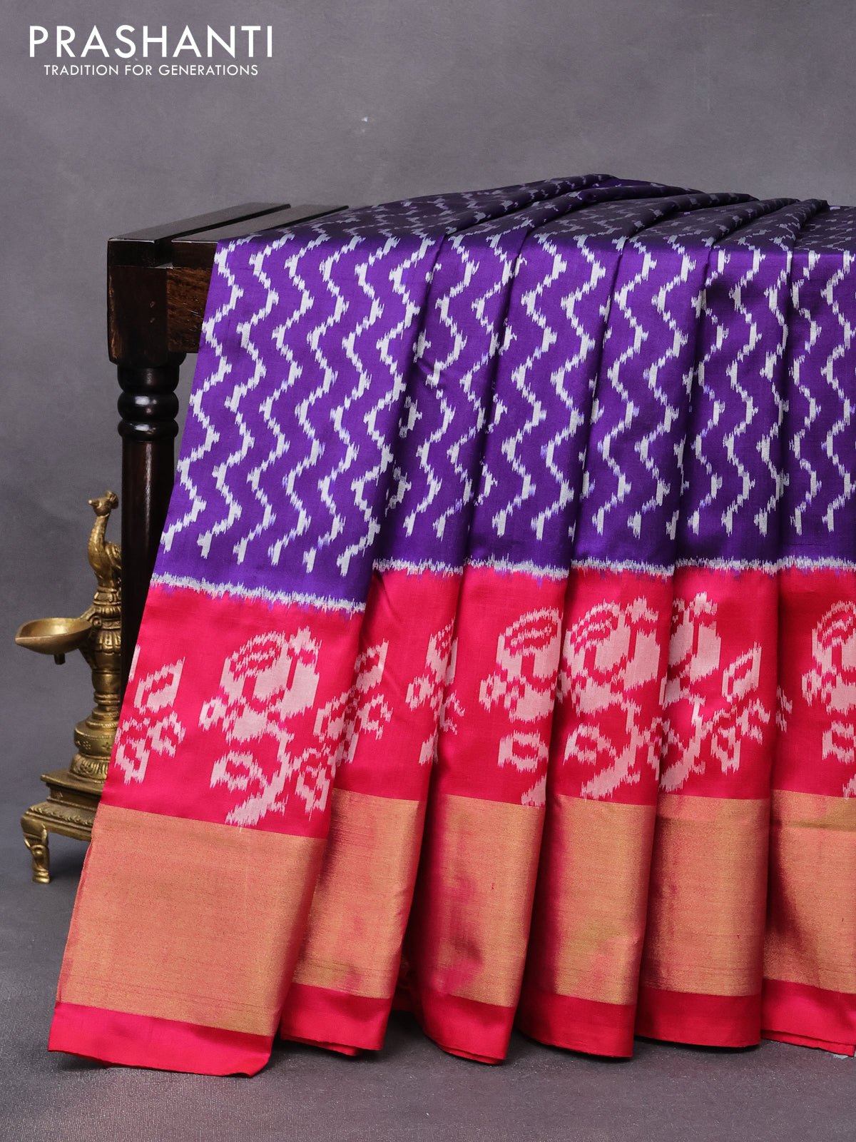 Pochampally silk saree blue and pink with allover ikat weaves and long ikat woven zari border