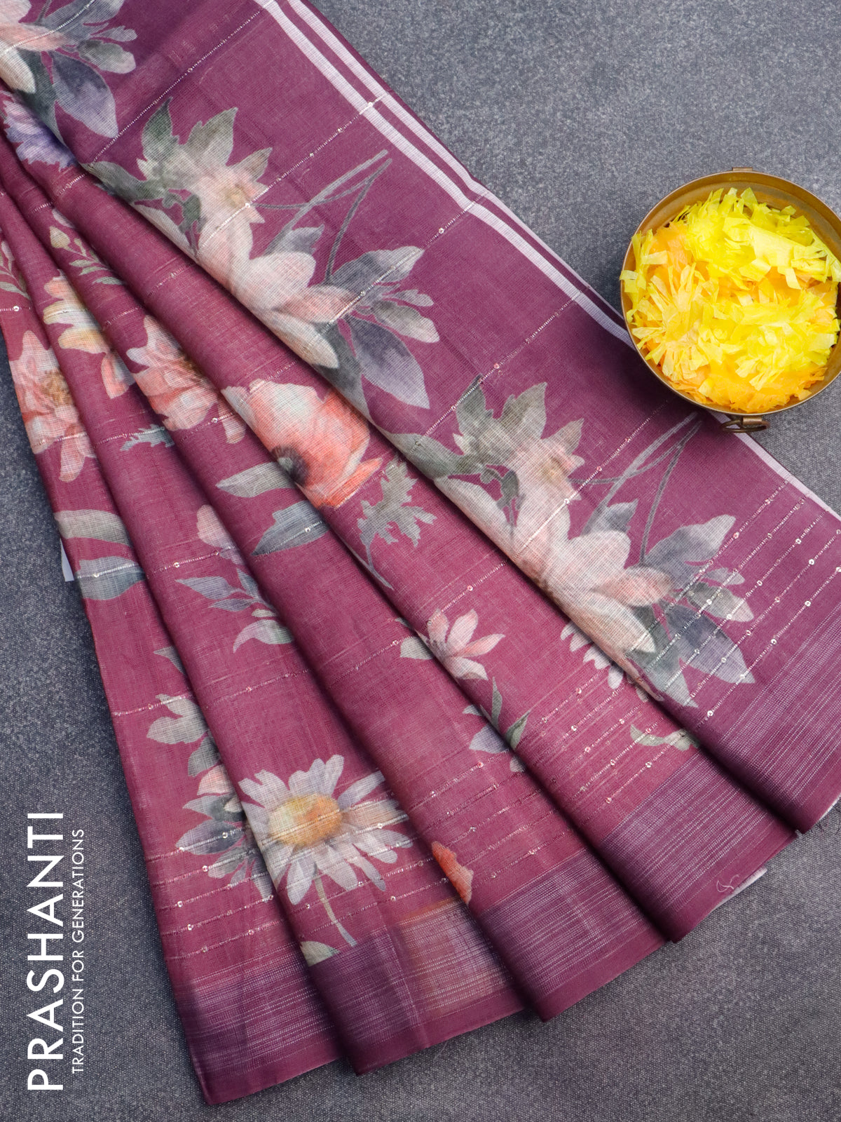 Linen cotton saree purple with allover floral prints & sequin work and silver zari woven border