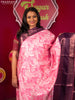 Semi raw silk saree pink off white and wine shade with allover patola prints & zari checks and long rettapet elephant design copper zari woven border