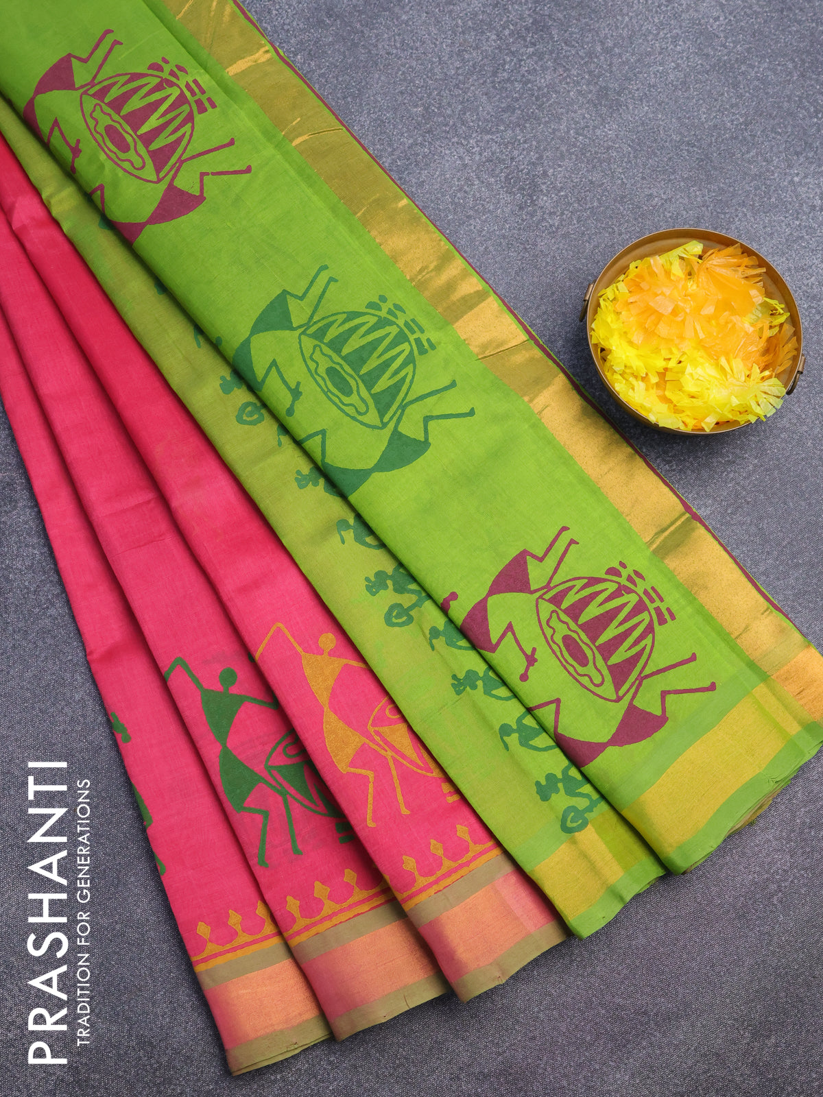 Silk cotton block printed saree pink and light green with warli butta prints and zari woven border