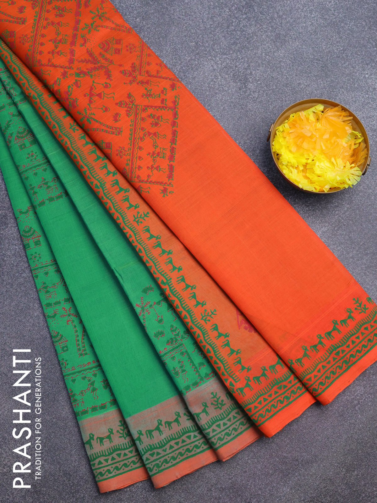 Silk cotton block printed saree teal green and orange with allover prints and printed border