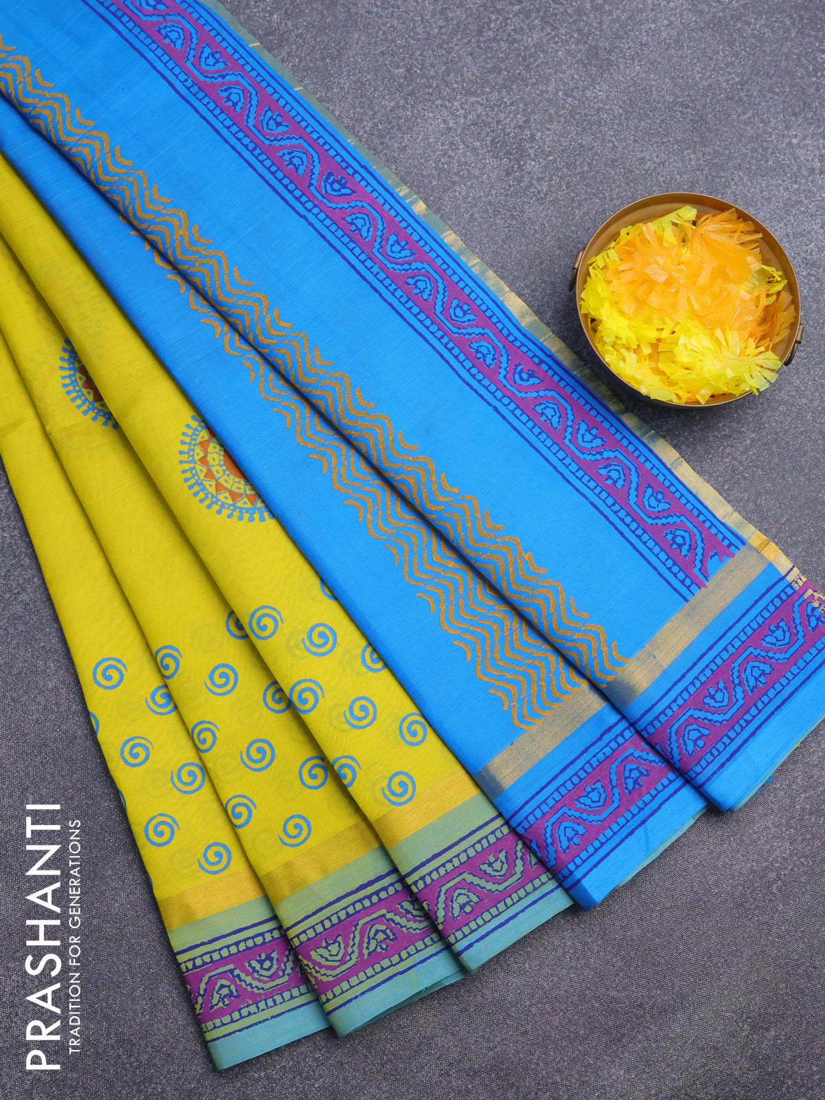 Silk cotton block printed saree lime yellow and cs blue with allover butta prints and zari woven simple border