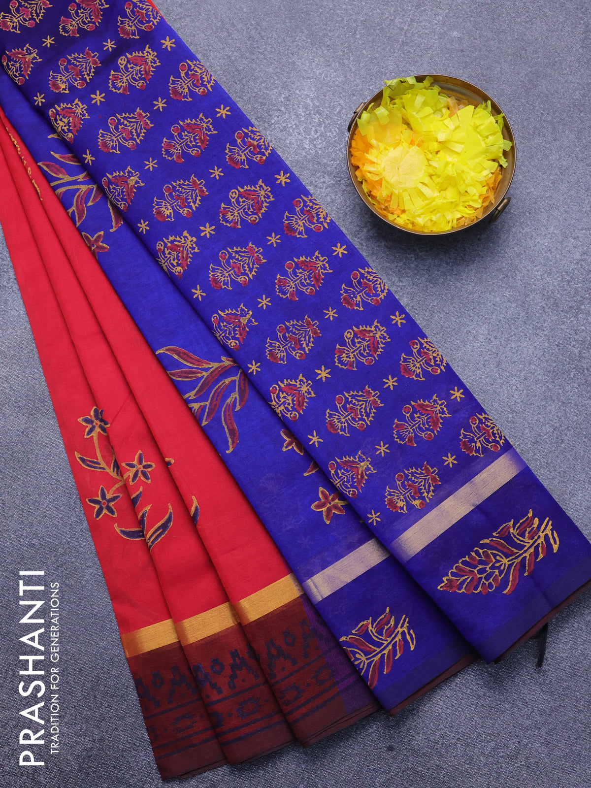 Silk cotton block printed saree red and maroon blue with allover butta prints and zari woven simple border