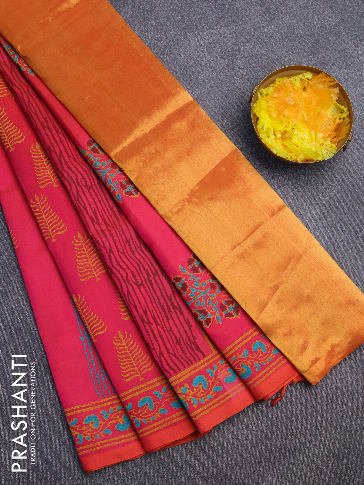 Silk cotton block printed saree dual shade of pink with allover prints and printed border