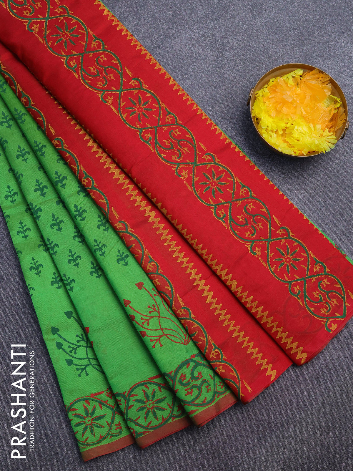 Silk cotton block printed saree light green and red with butta prints and printed border