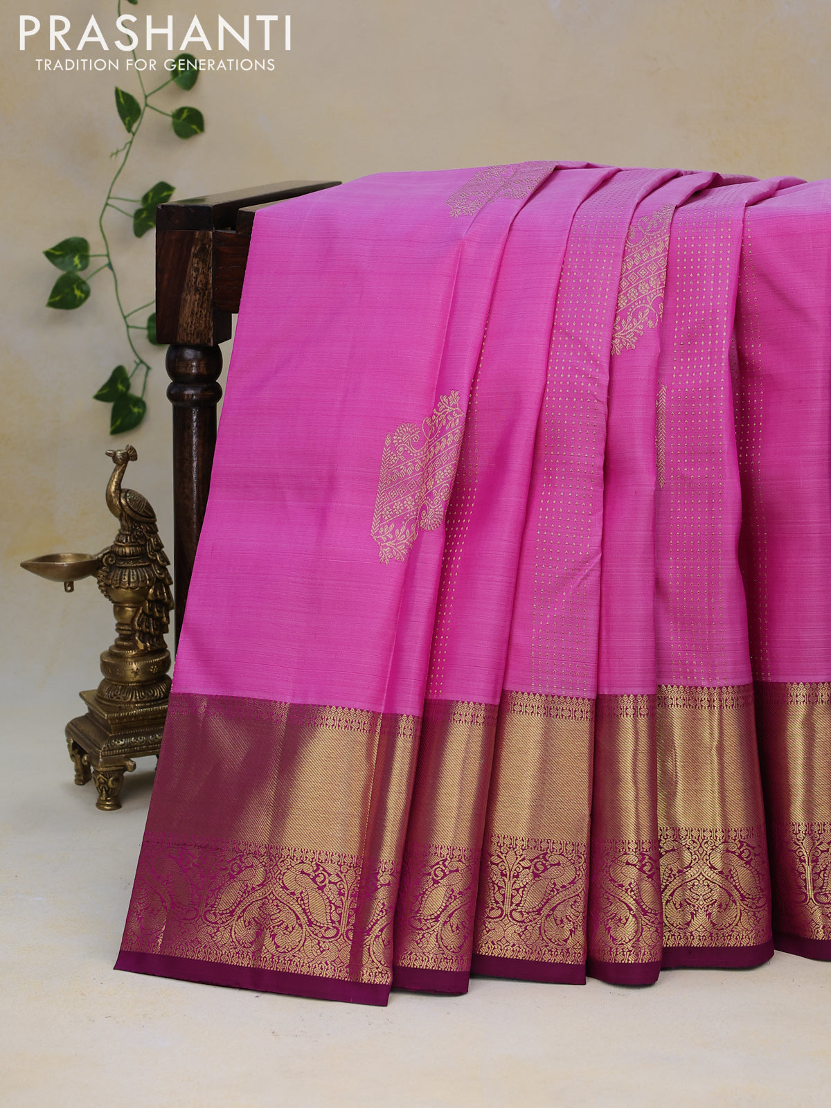 Pure kanjivaram silk saree pink and dark magenta pink with allover zari weaves and zari woven border