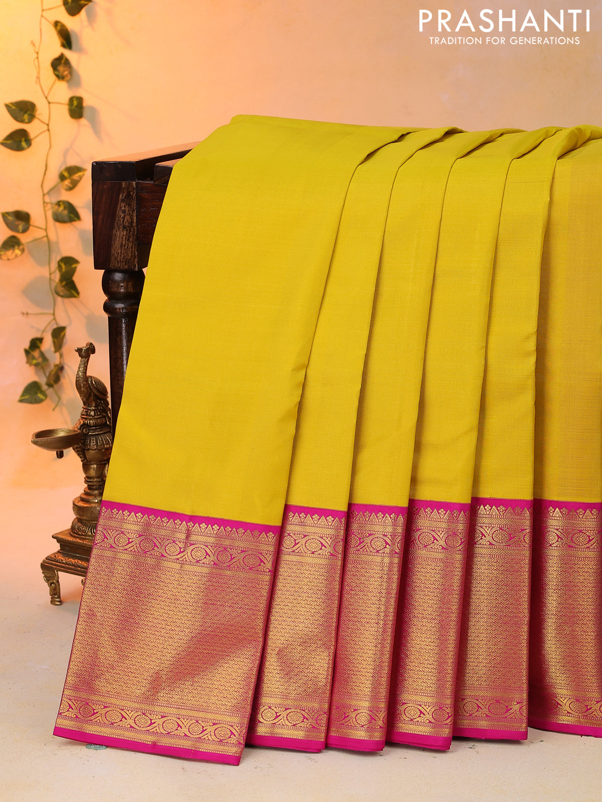 Pure kanjivaram silk saree yellow and pink with zari woven buttas and zari woven border