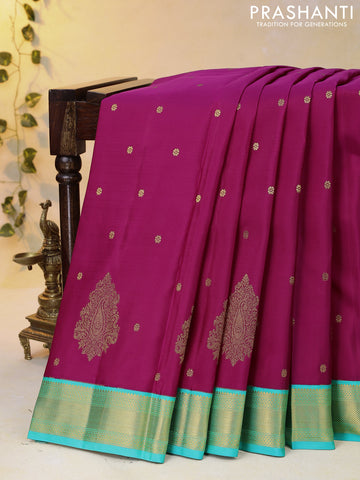 Pure kanjivaram silk saree dark pink and teal blue with zari woven buttas and zari woven border