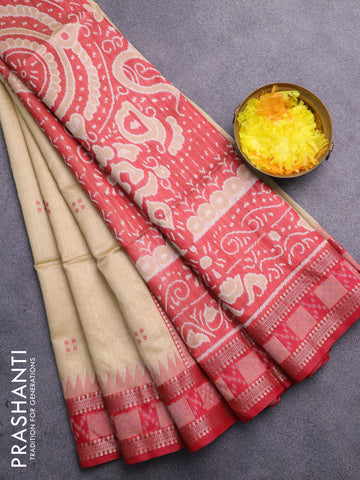 Semi dupion saree sandal and maroon with thread woven buttas and thread & zari woven border