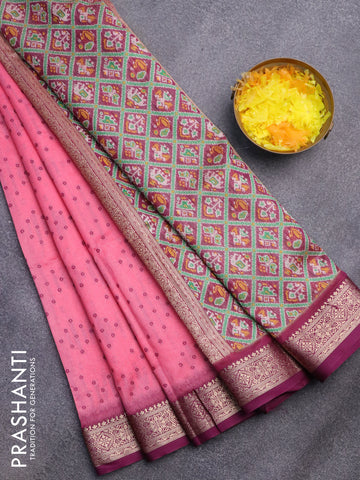 Semi dupion saree pink and purple with allover bandhani butta prints and zari woven border