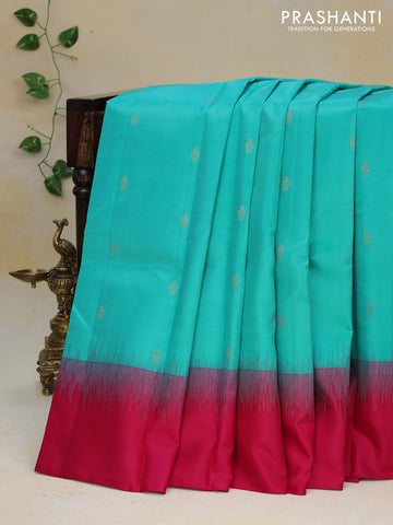 Pure kanjivaram silk saree teal blue and pink with zari woven buttas and simple border