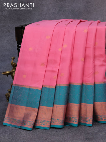 Pure kanjivaram silk saree light pink and teal green with zari woven buttas and thread & copper zari woven border