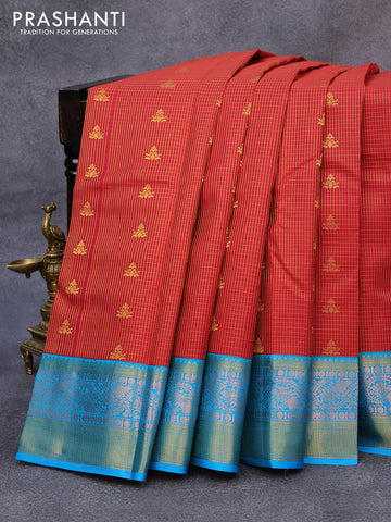 Pure kanjivaram silk saree red and cs blue with allover checked pattern & zari buttas and zari woven border